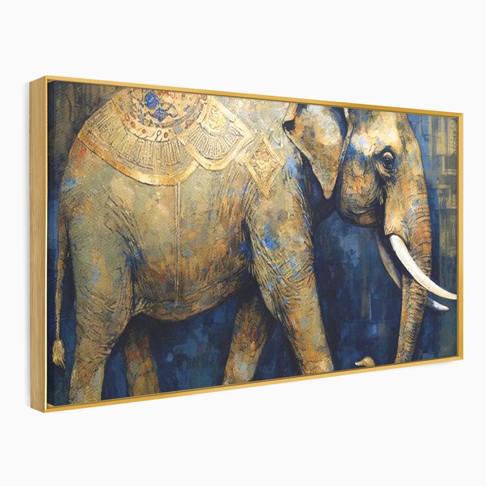 Tablou canvas cu tablou canvas cu pictura de elefant auriu, in rama de aluminiu auriu